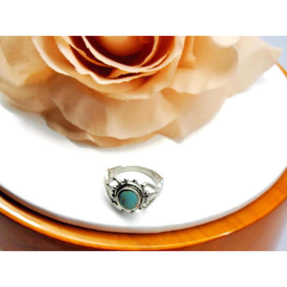 sz 6 3/4 Simulated Turquoise Women Ring Sterling Silver 925 Patina - Picture 3 of 12